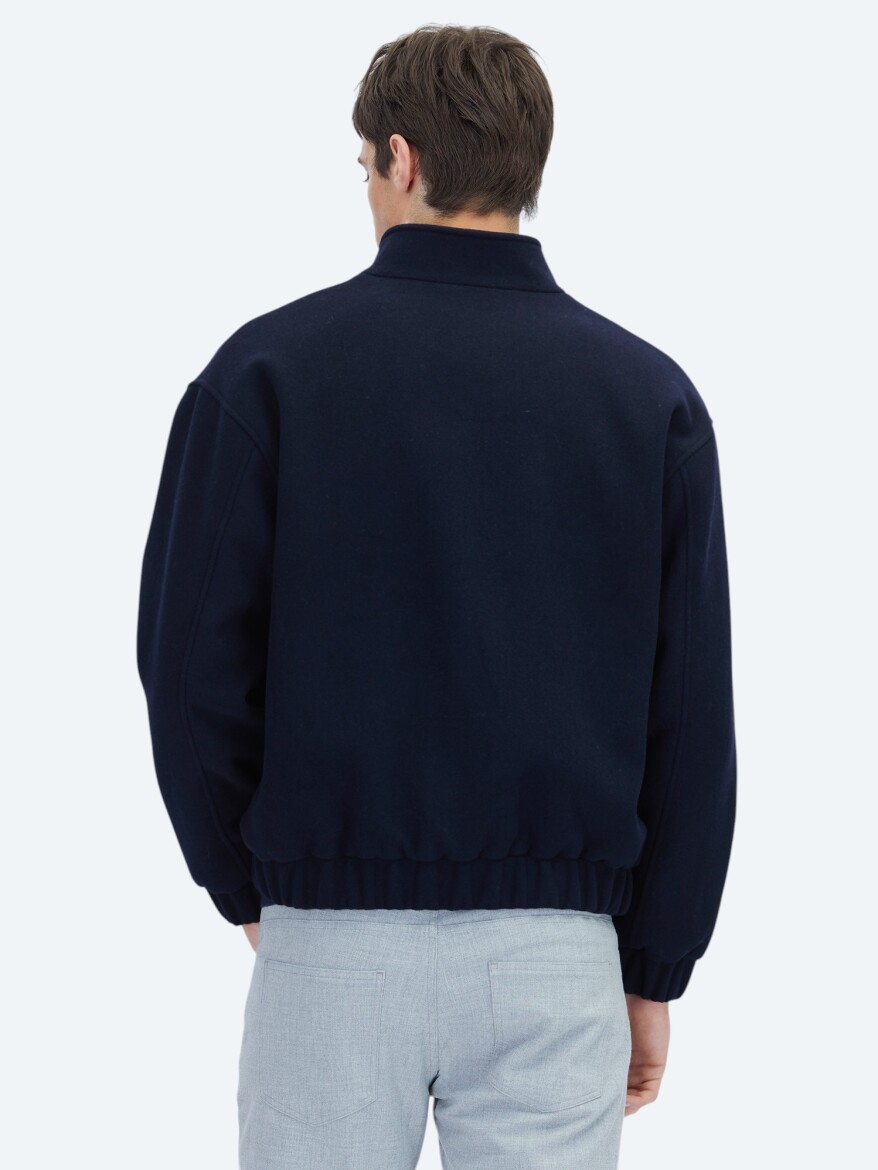 Navy Blue Comfort Fit Turtleneck Casual Weaving Coat - 5