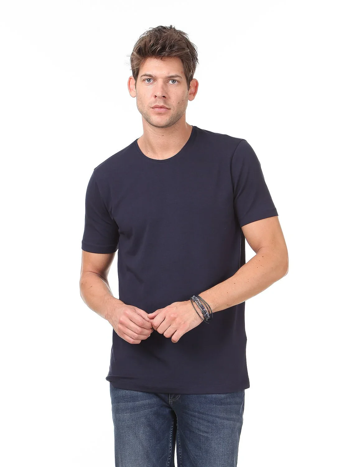 Navy Blue Cotton Blended T-Shirt - 1