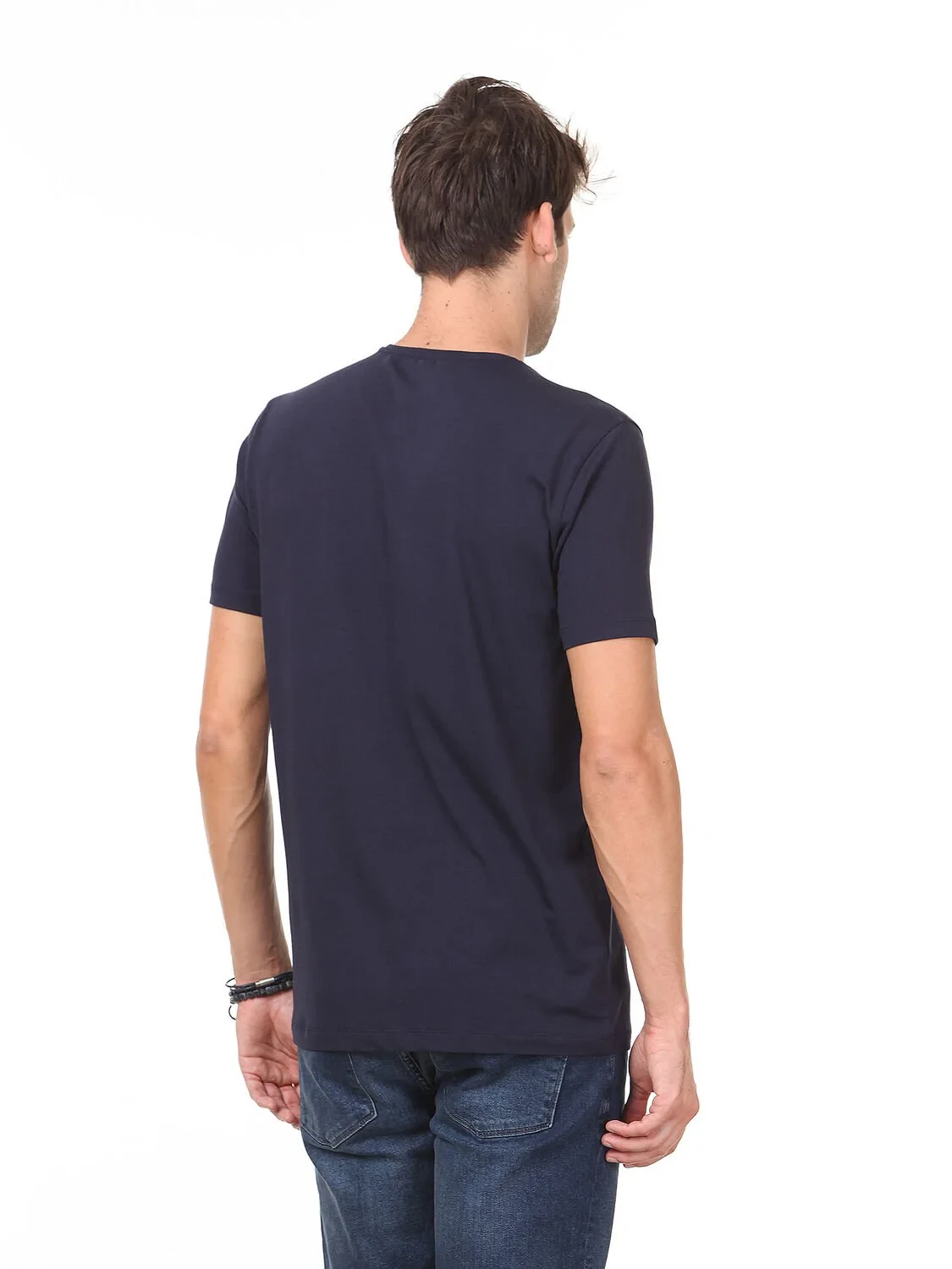 Navy Blue Cotton Blended T-Shirt - 4