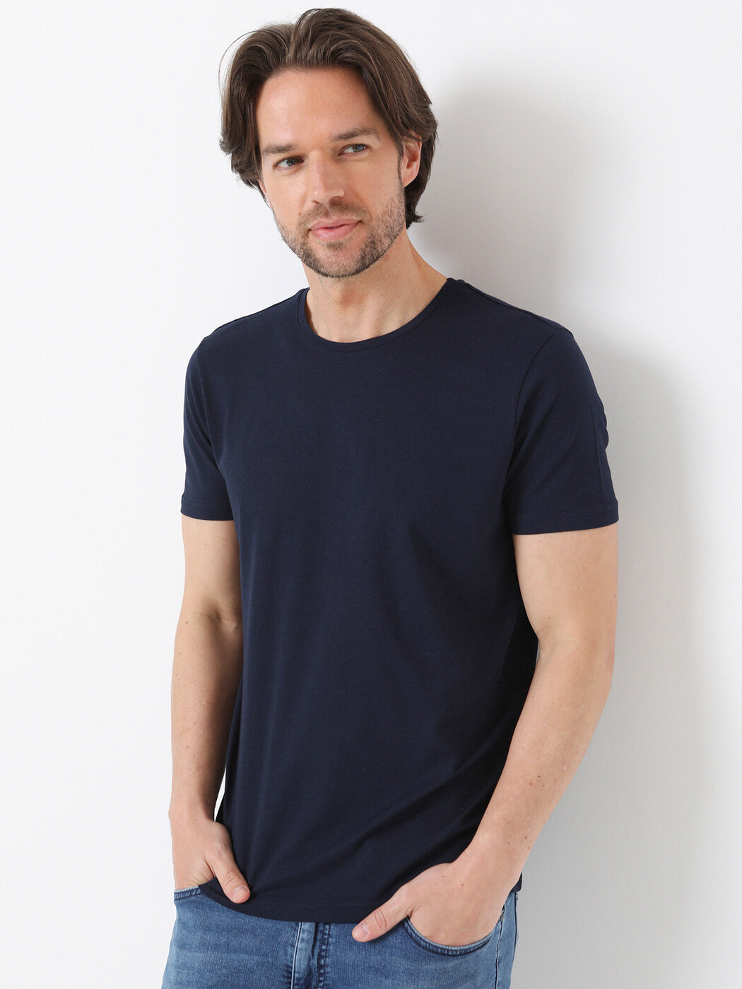 Navy Blue Cotton Blended T-Shirt - 3