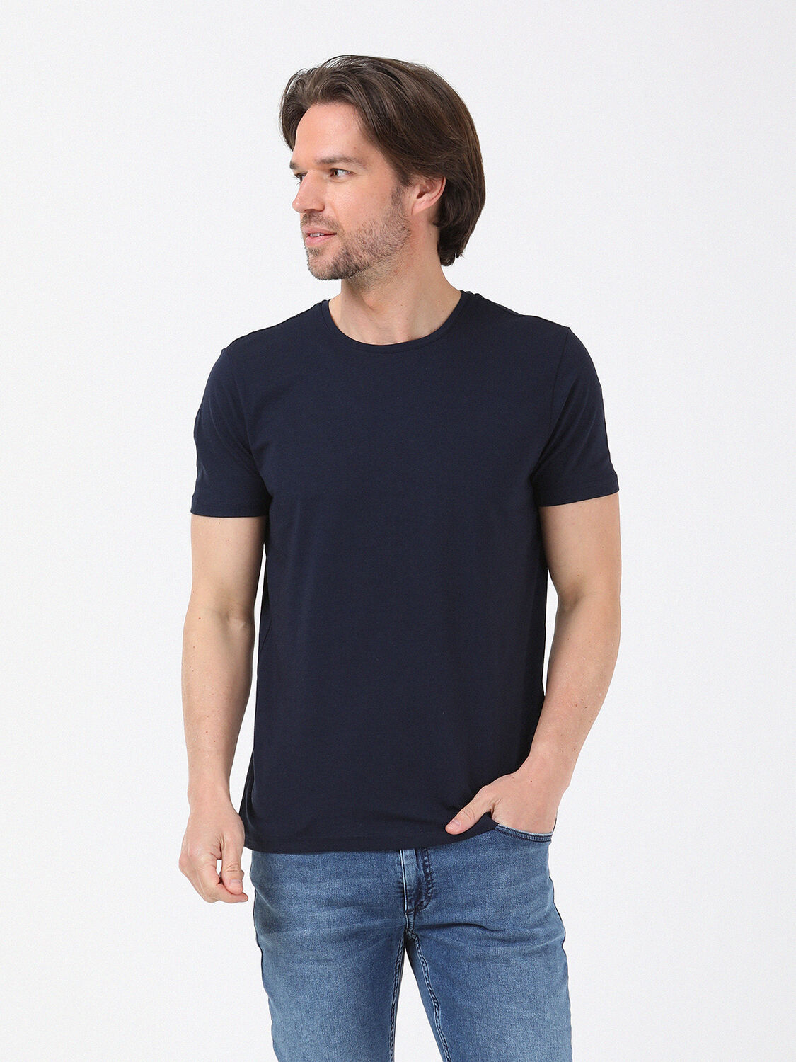 Navy Blue Cotton Blended T-Shirt - 4