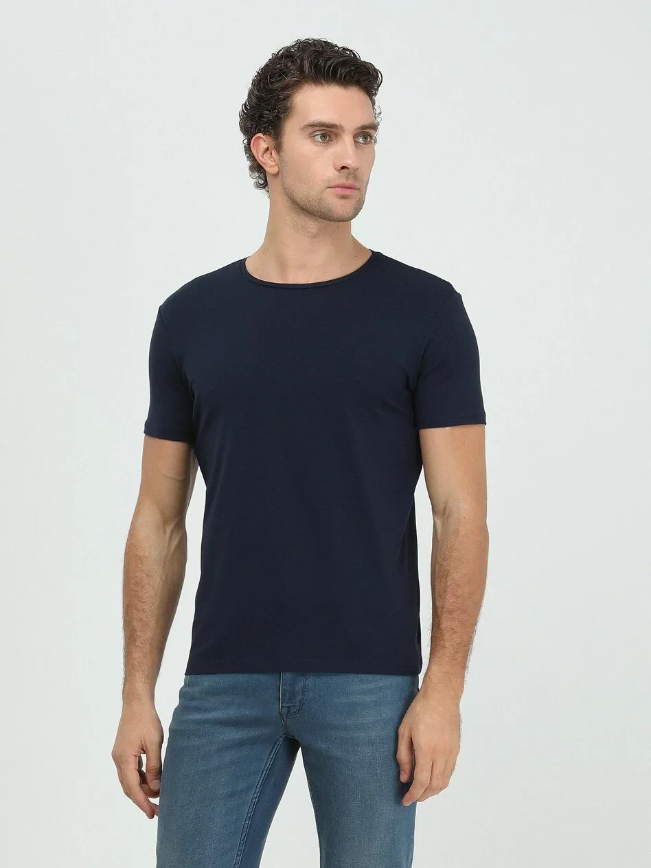 Navy Blue Cotton Blended T-Shirt - 1