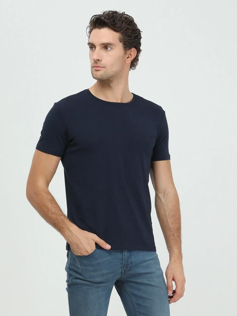 Navy Blue Cotton Blended T-Shirt - 2