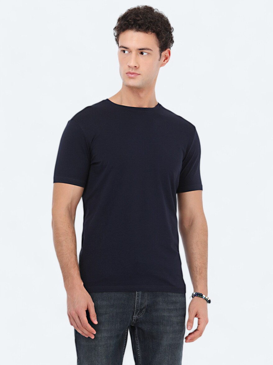 Navy Blue Crew Neck Cotton Blended T-Shirt - 1