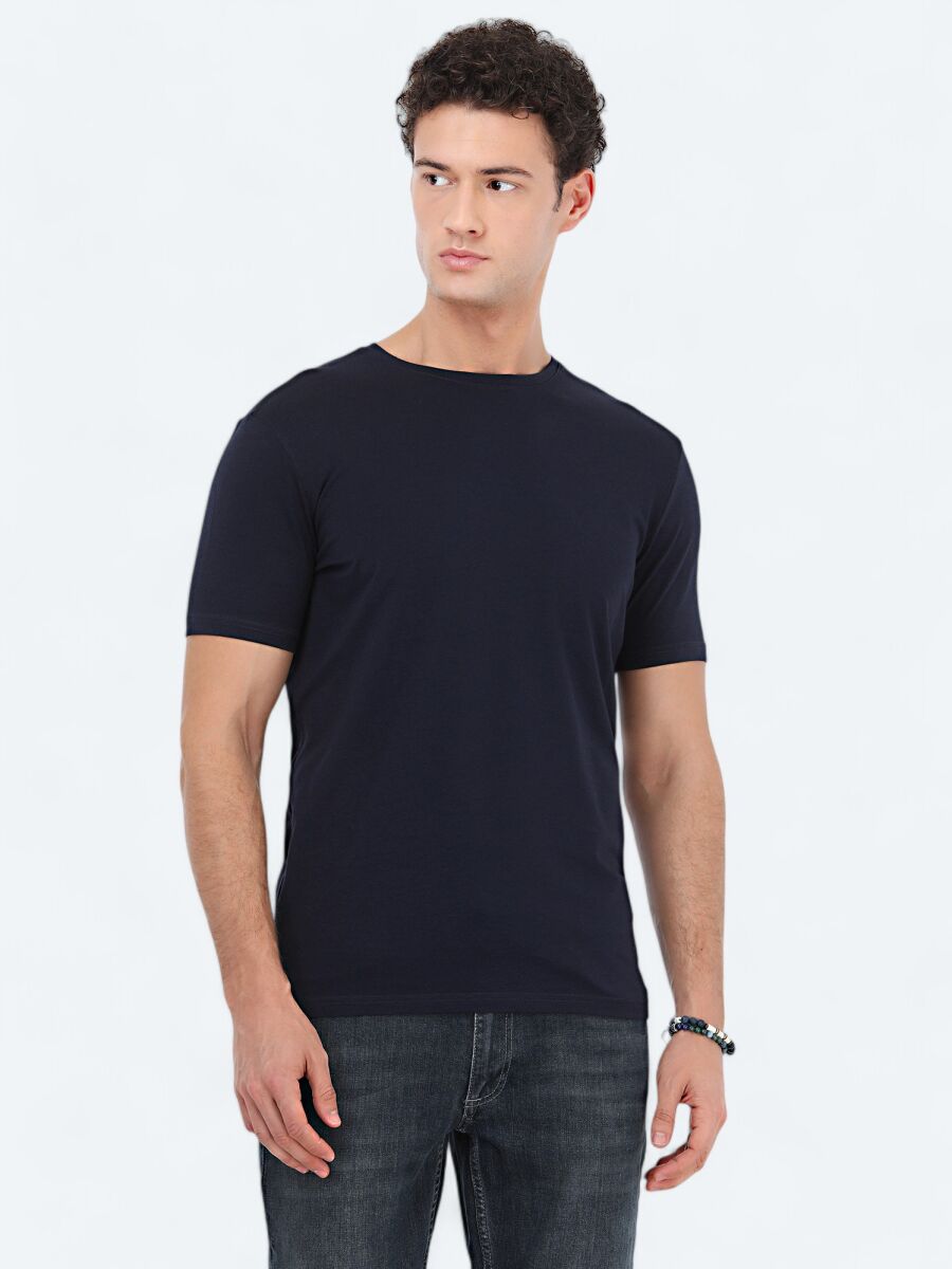 Navy Blue Crew Neck Cotton Blended T-Shirt - 1