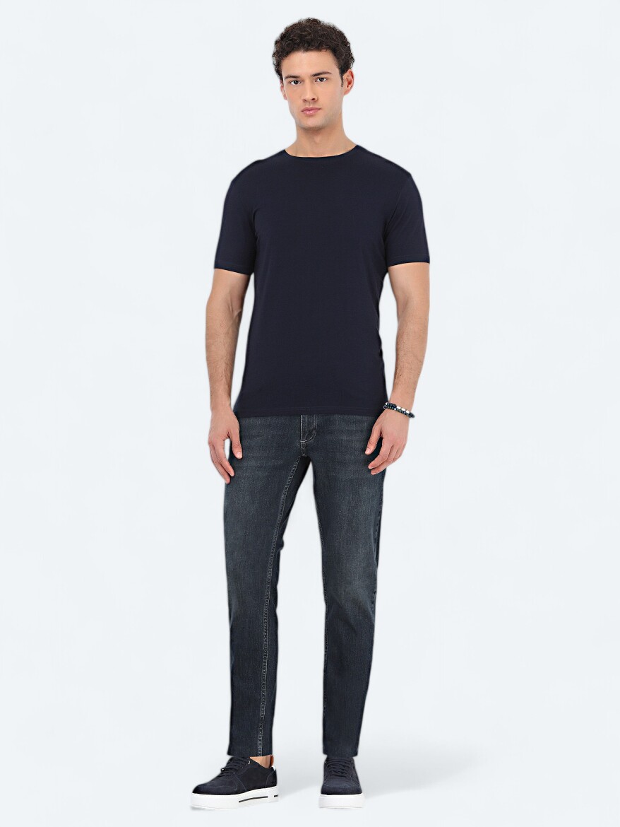 Navy Blue Crew Neck Cotton Blended T-Shirt - 2