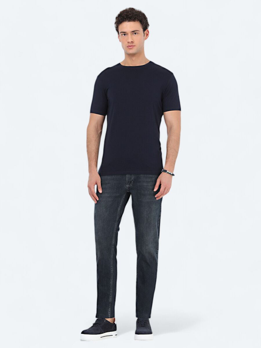 Navy Blue Crew Neck Cotton Blended T-Shirt - 2