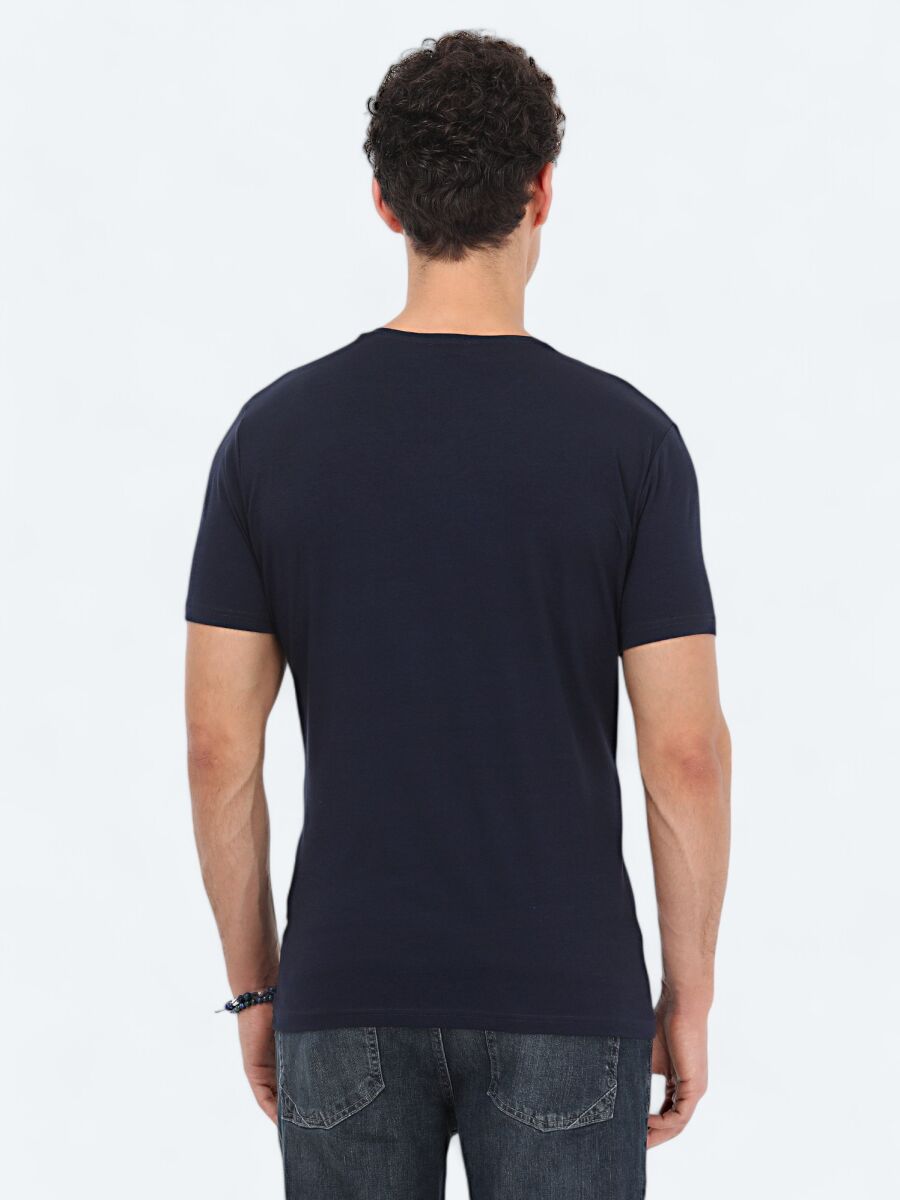 Navy Blue Crew Neck Cotton Blended T-Shirt - 4