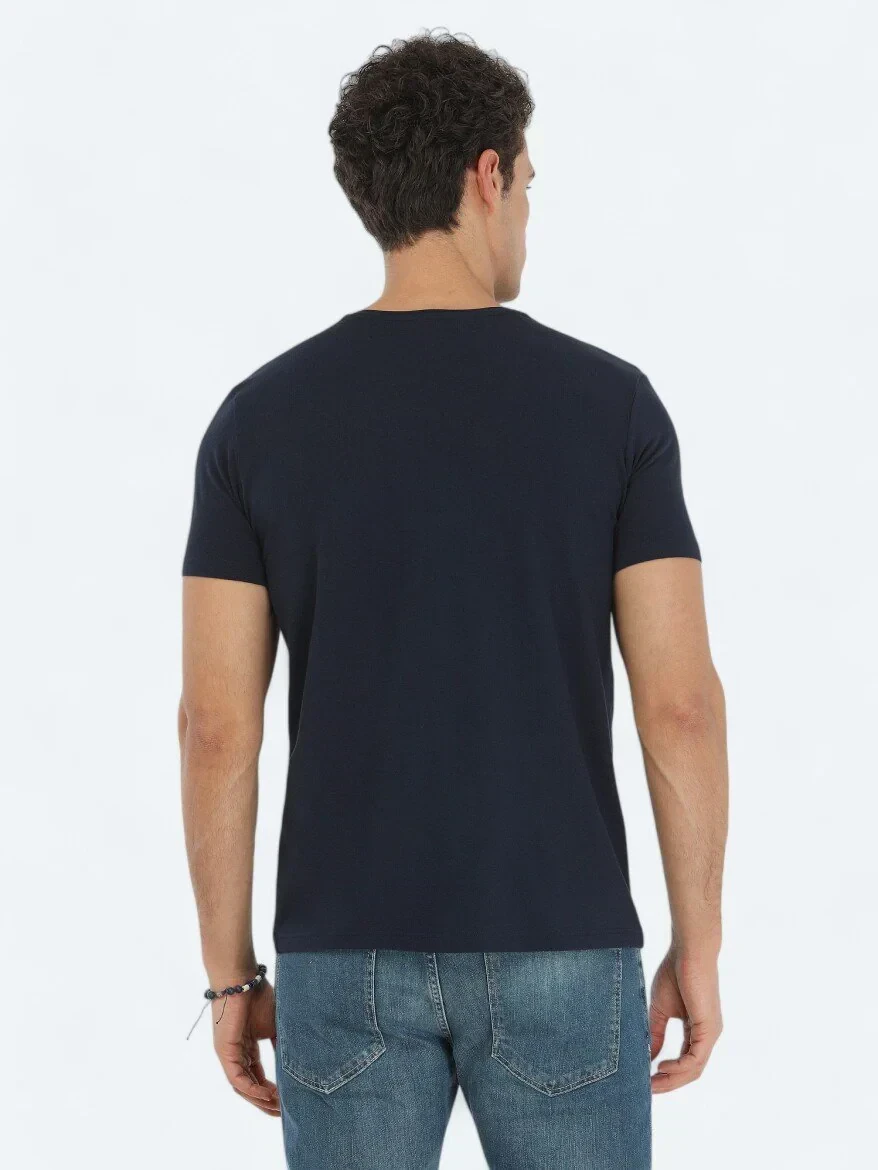 Navy Blue Crew Neck Cotton Blended T-Shirt 