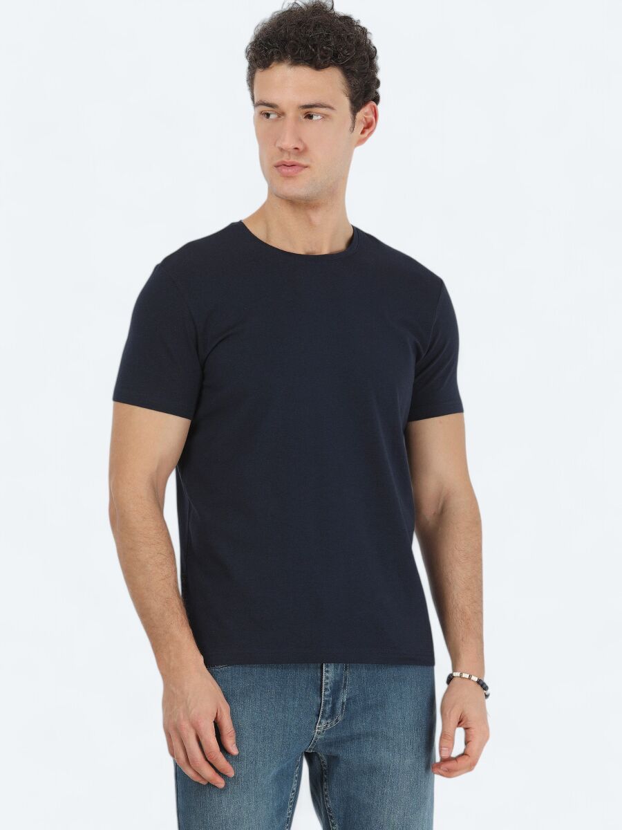 Navy Blue Crew Neck Cotton Blended T-Shirt - 1