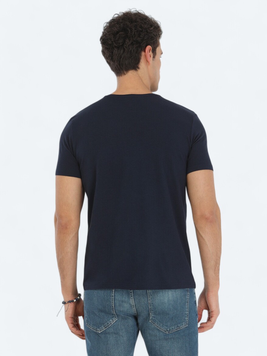 Navy Blue Crew Neck Cotton Blended T-Shirt - 4