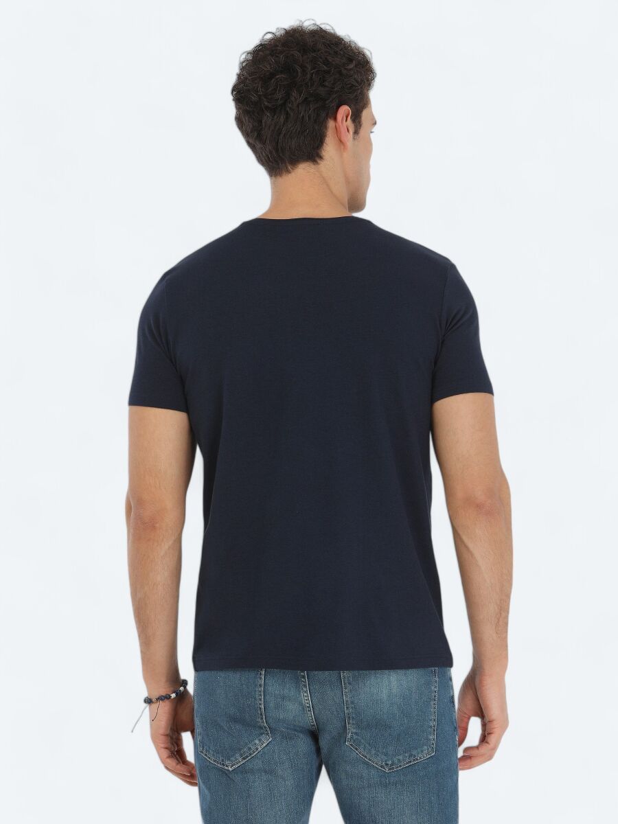 Navy Blue Crew Neck Cotton Blended T-Shirt - 4