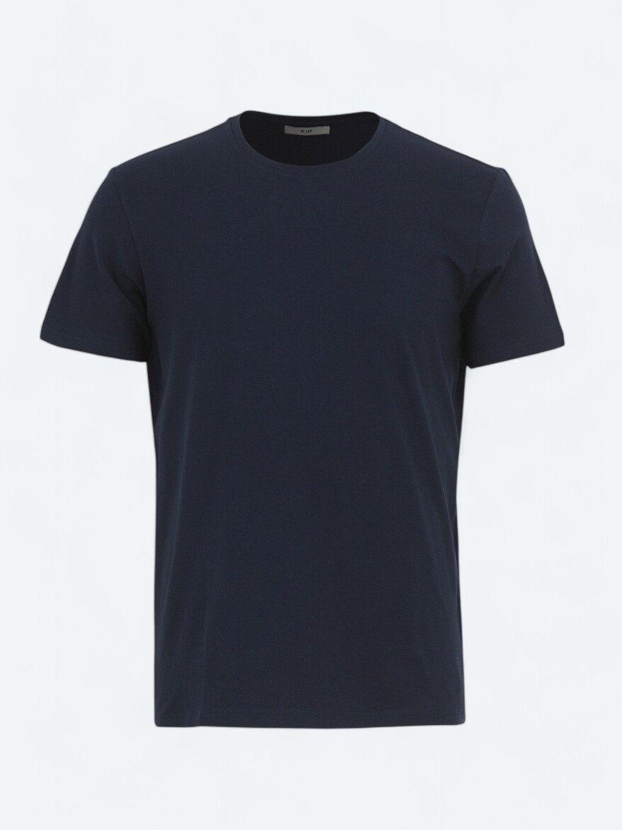 Navy Blue Crew Neck Cotton Blended T-Shirt - 5