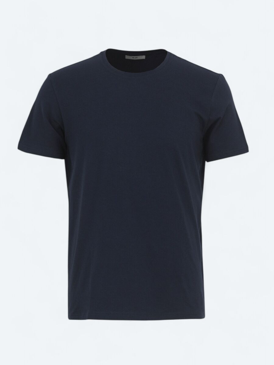 Navy Blue Crew Neck Cotton Blended T-Shirt - 5