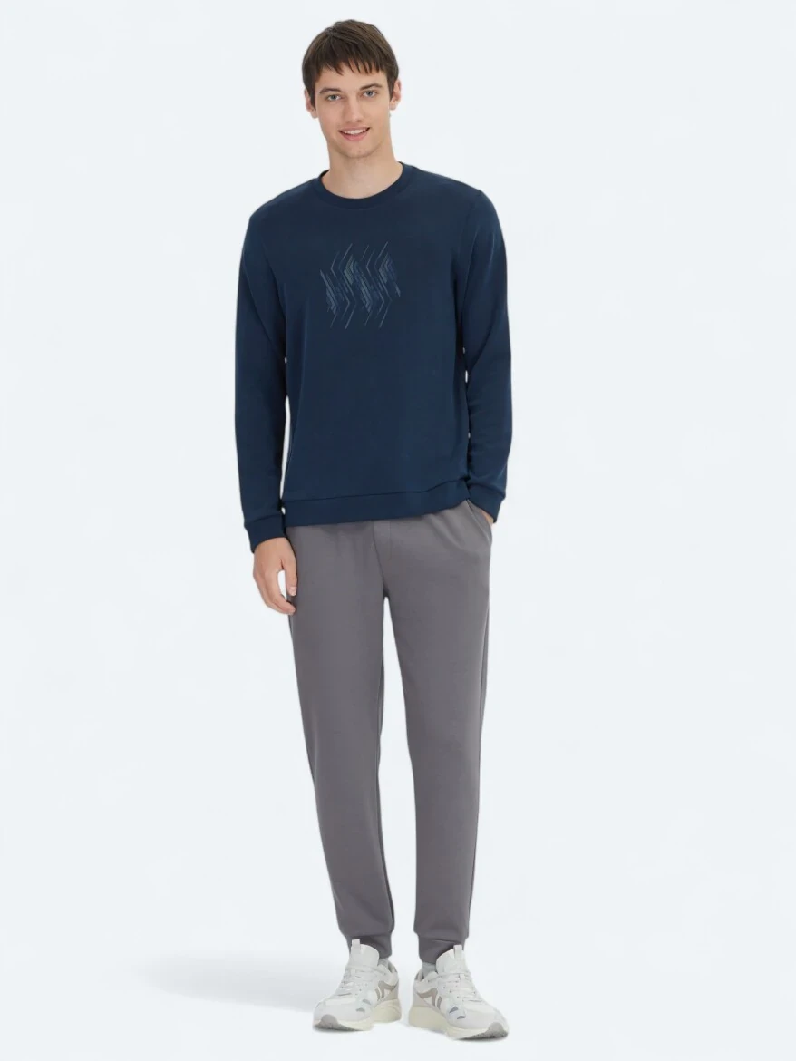 Navy Blue Crew Neck Patterned Sweatshirt 