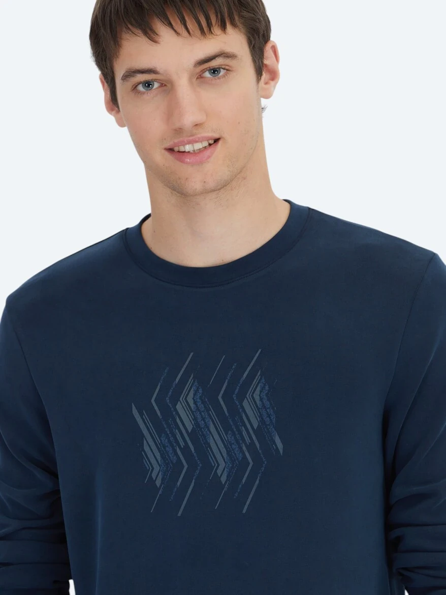 Navy Blue Crew Neck Patterned Sweatshirt - 5