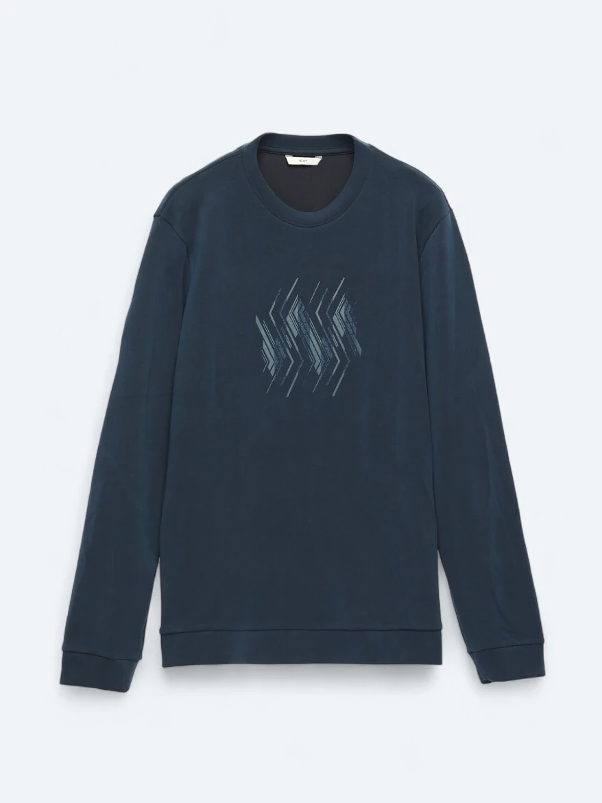 Navy Blue Crew Neck Patterned Sweatshirt - 7