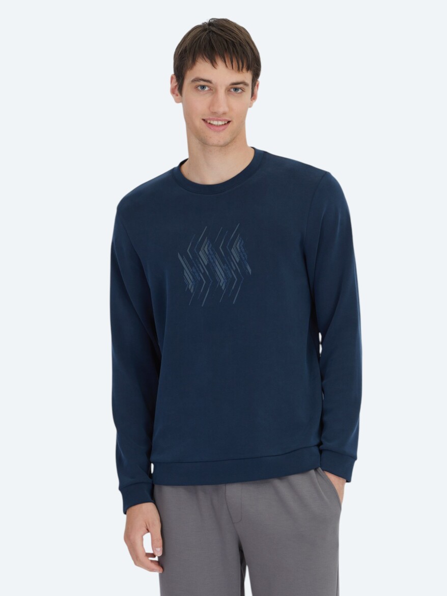 Navy Blue Crew Neck Patterned Sweatshirt 