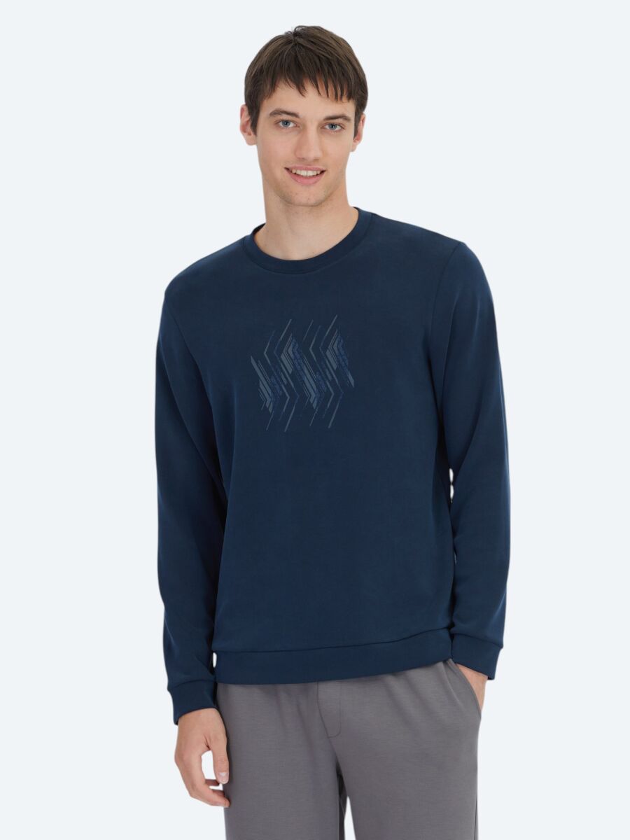 Navy Blue Crew Neck Patterned Sweatshirt - 1