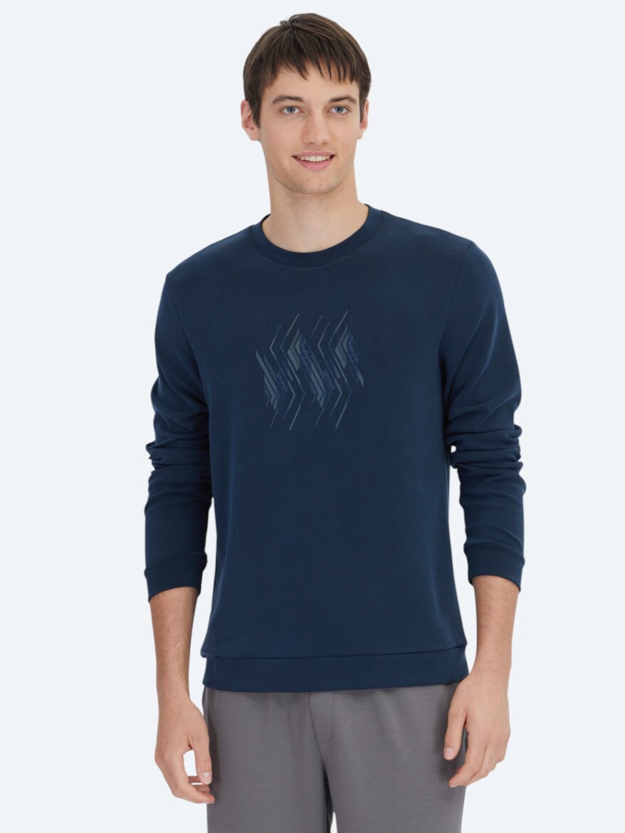 Navy Blue Crew Neck Patterned Sweatshirt - 3