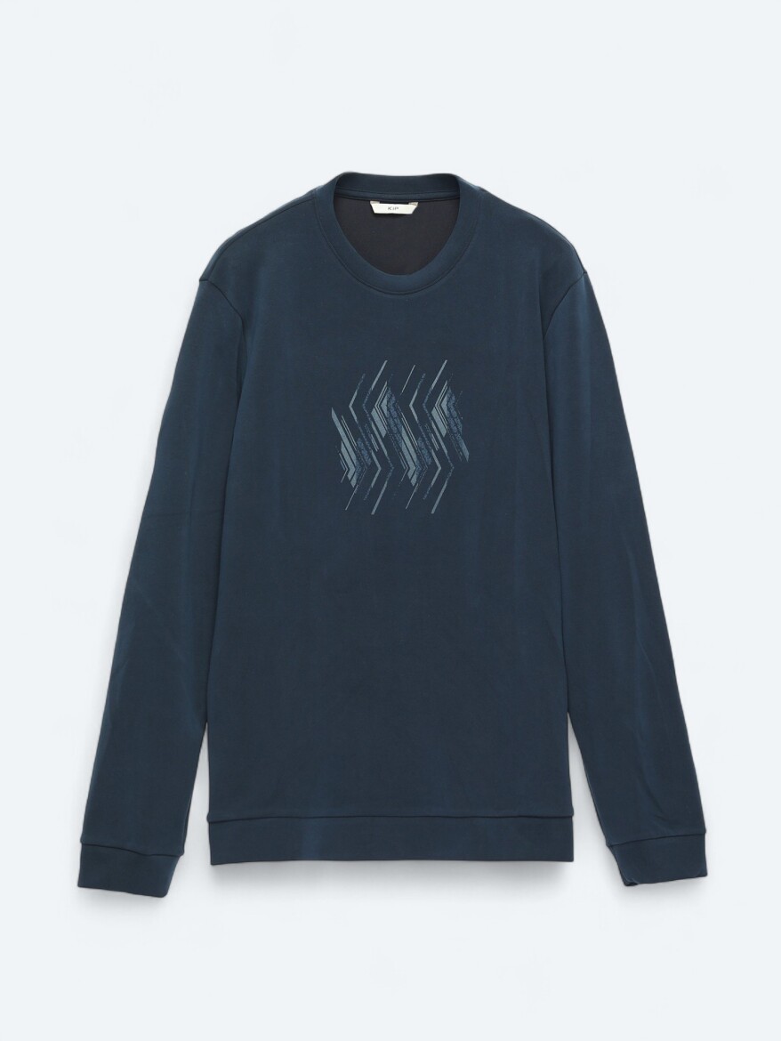 Navy Blue Crew Neck Patterned Sweatshirt - 7
