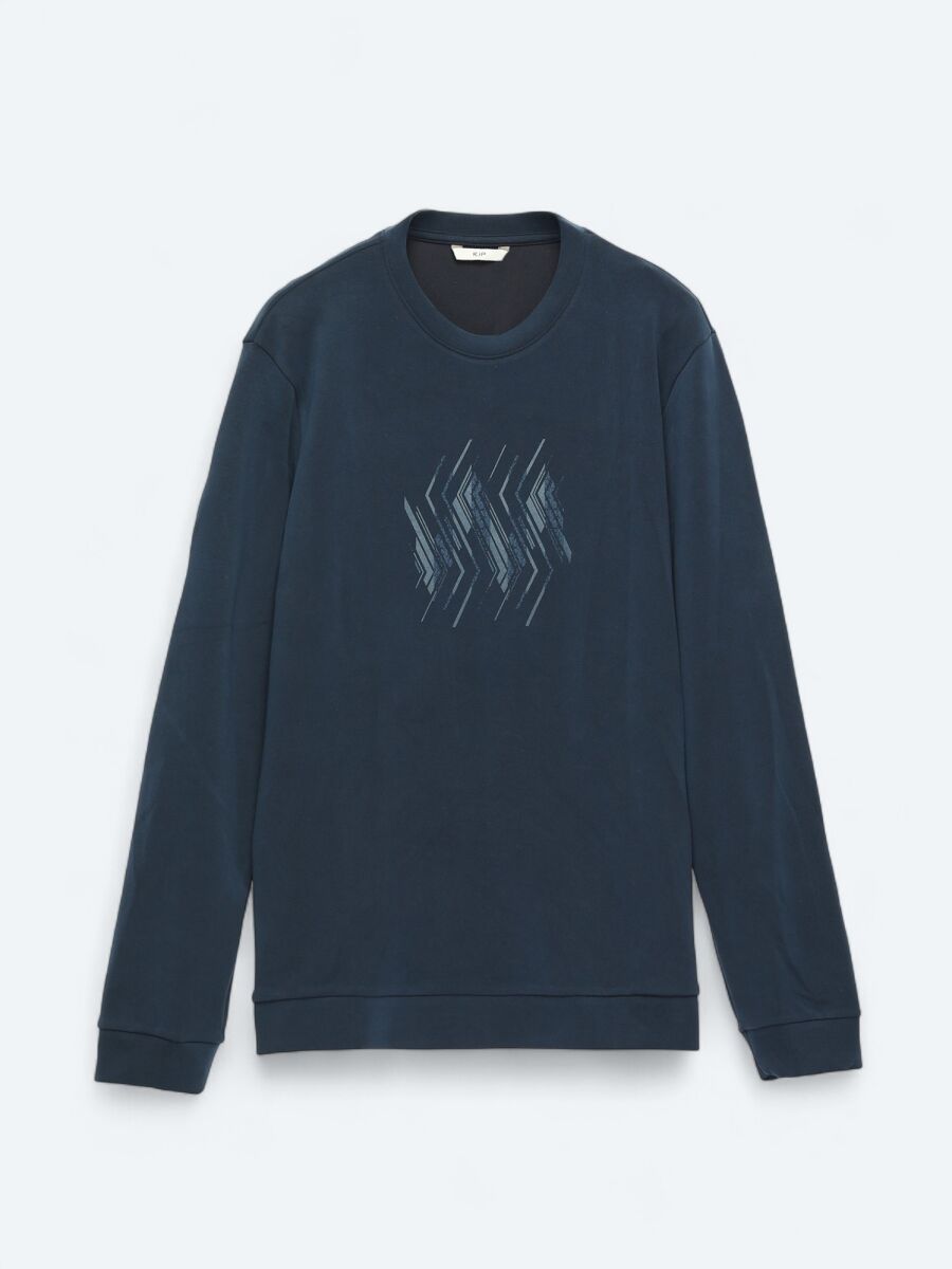 Navy Blue Crew Neck Patterned Sweatshirt - 7