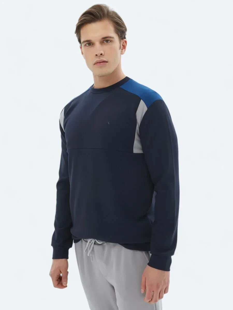Navy Blue Crew Neck Plain Sweatshirt - 4