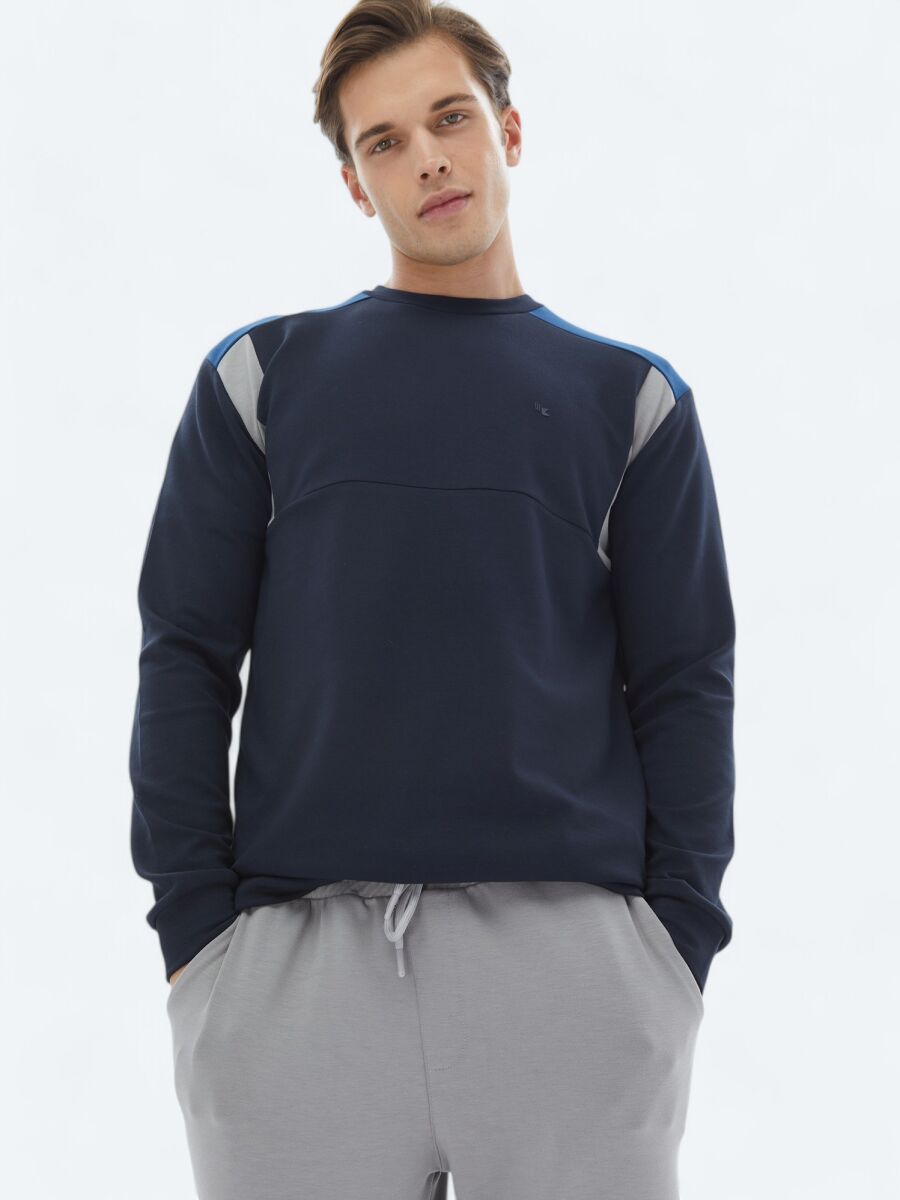 Navy Blue Crew Neck Plain Sweatshirt - 1