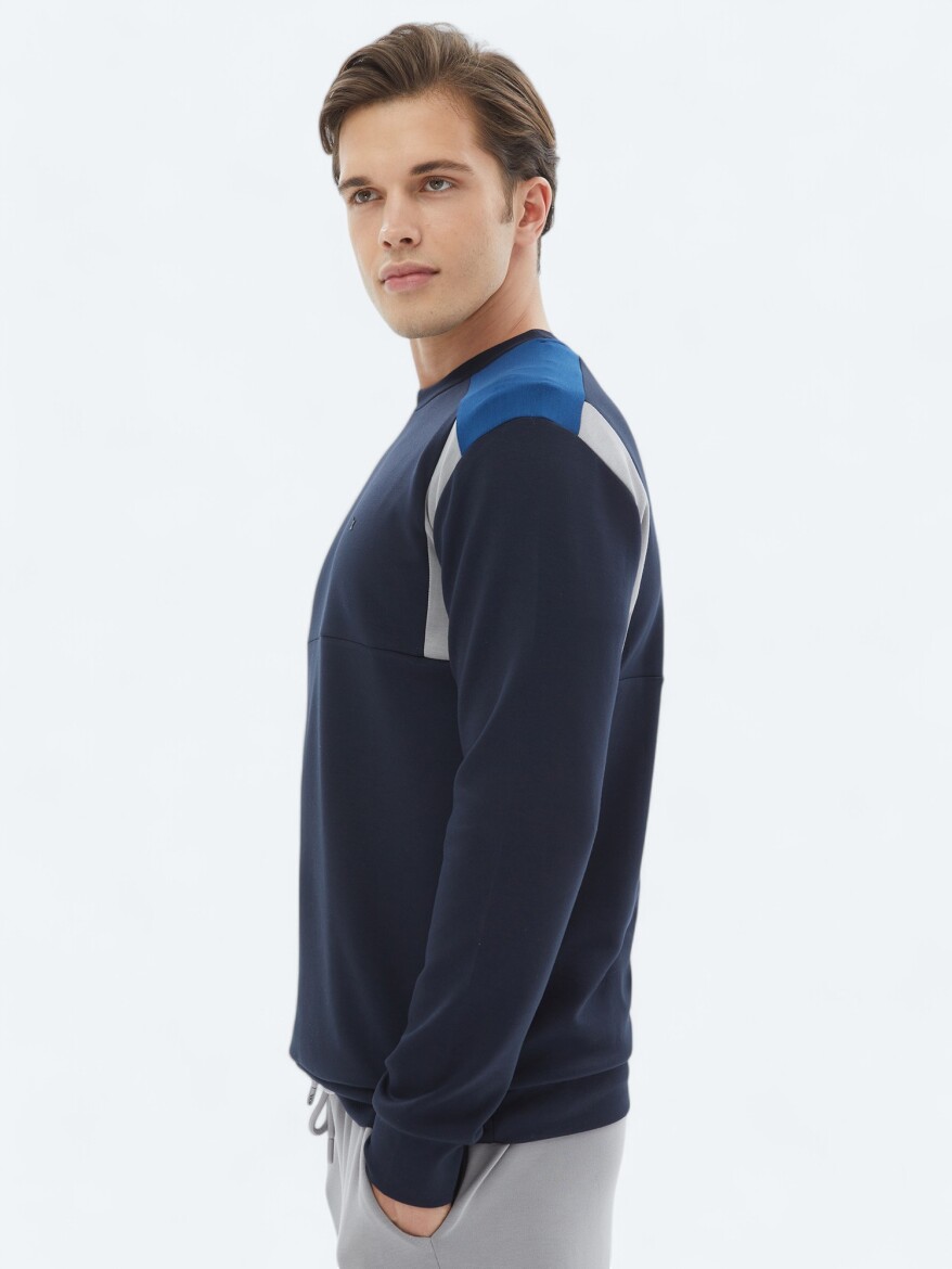 Navy Blue Crew Neck Plain Sweatshirt - 3