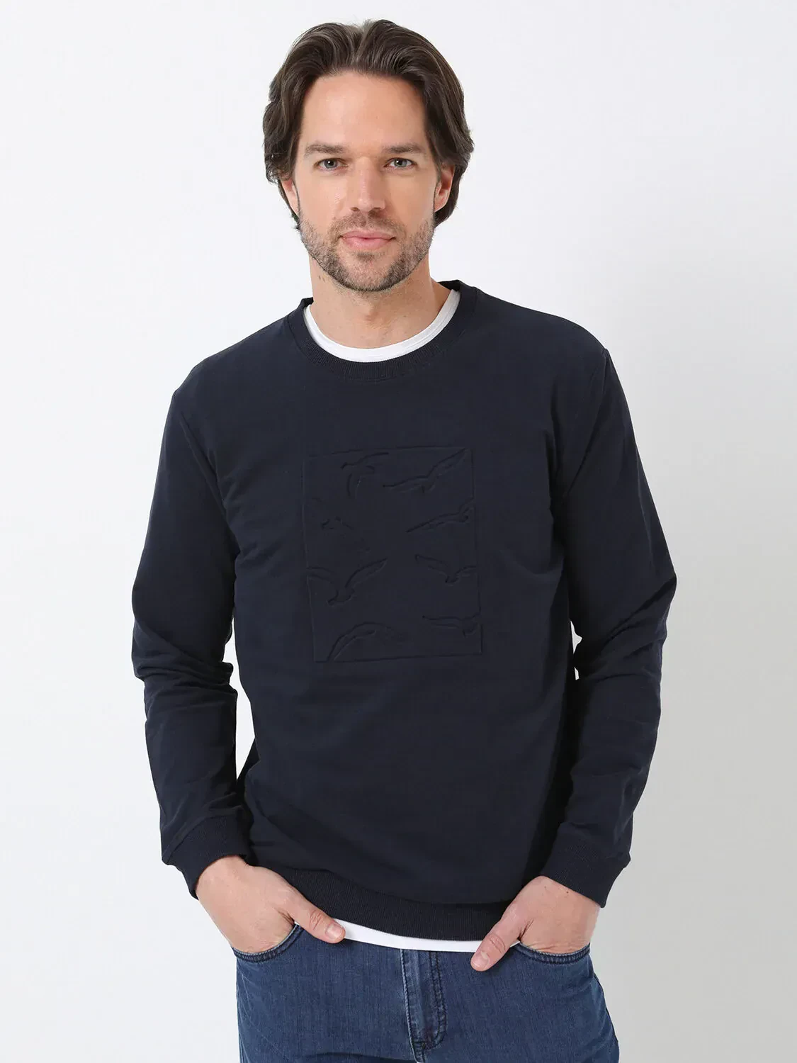 Navy Blue Crew Neck Printed Sweatshirt - 1