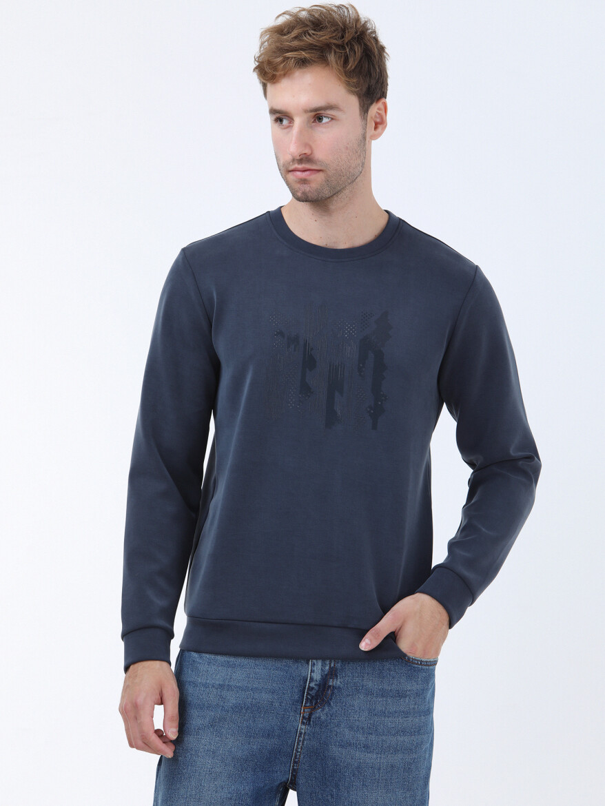 Navy Blue Crew Neck Printed Sweatshirt - 1