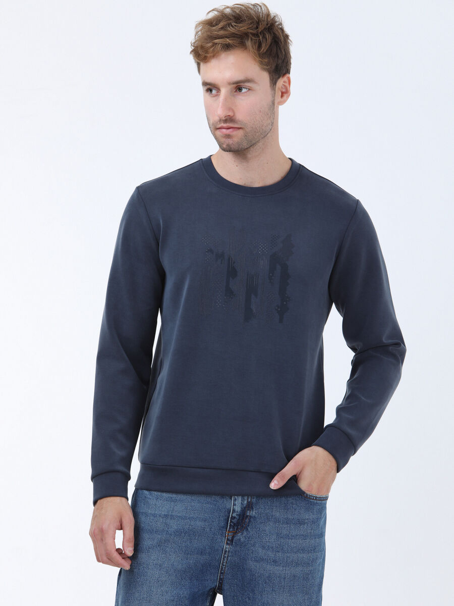 Navy Blue Crew Neck Printed Sweatshirt - 1