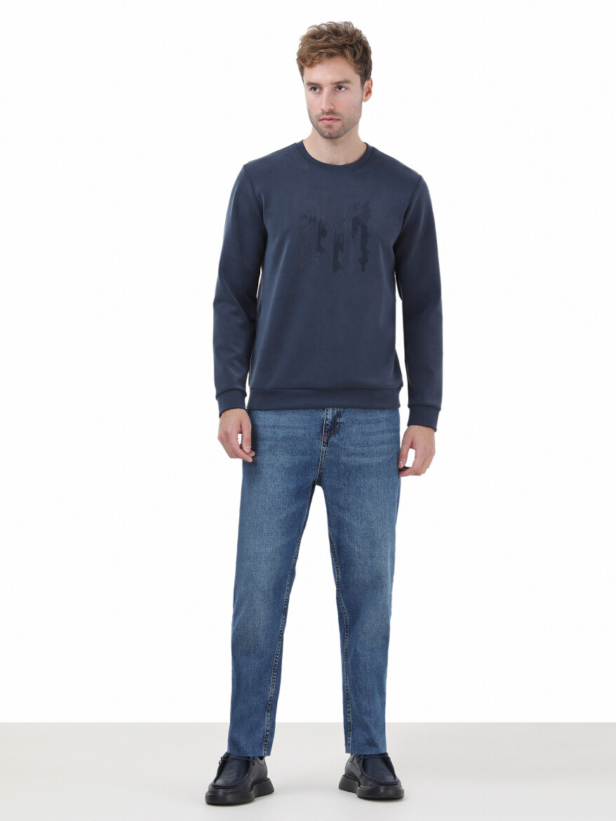 Navy Blue Crew Neck Printed Sweatshirt - 2