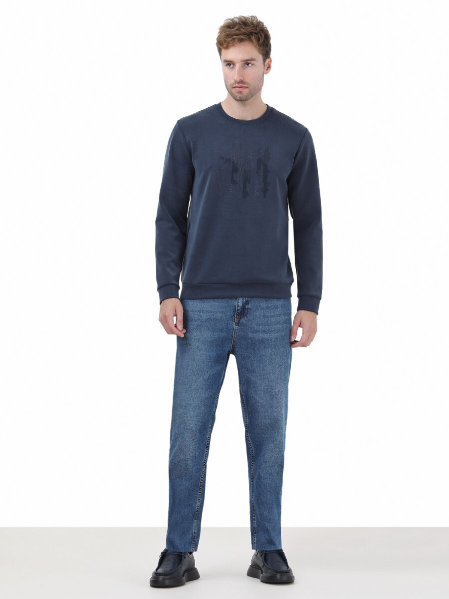 Navy Blue Crew Neck Printed Sweatshirt - 2