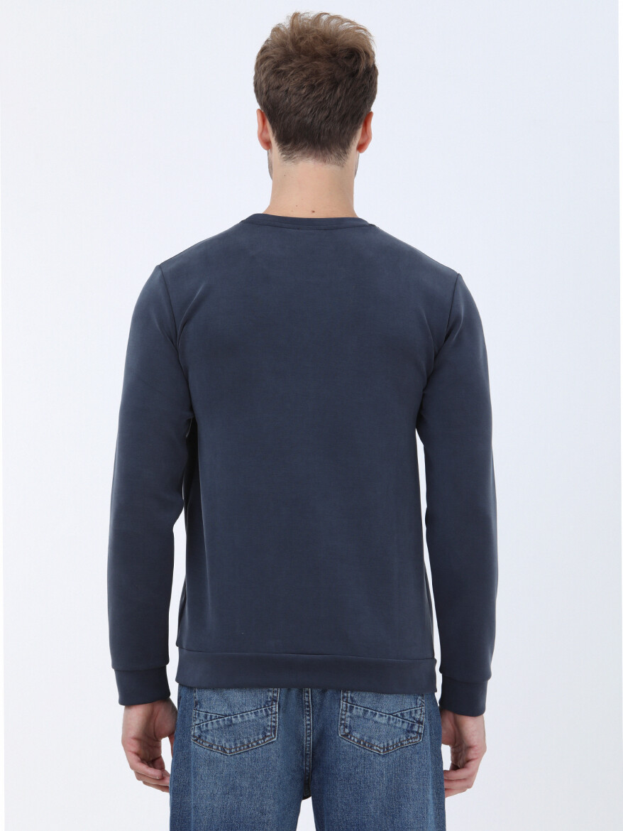 Navy Blue Crew Neck Printed Sweatshirt - 3