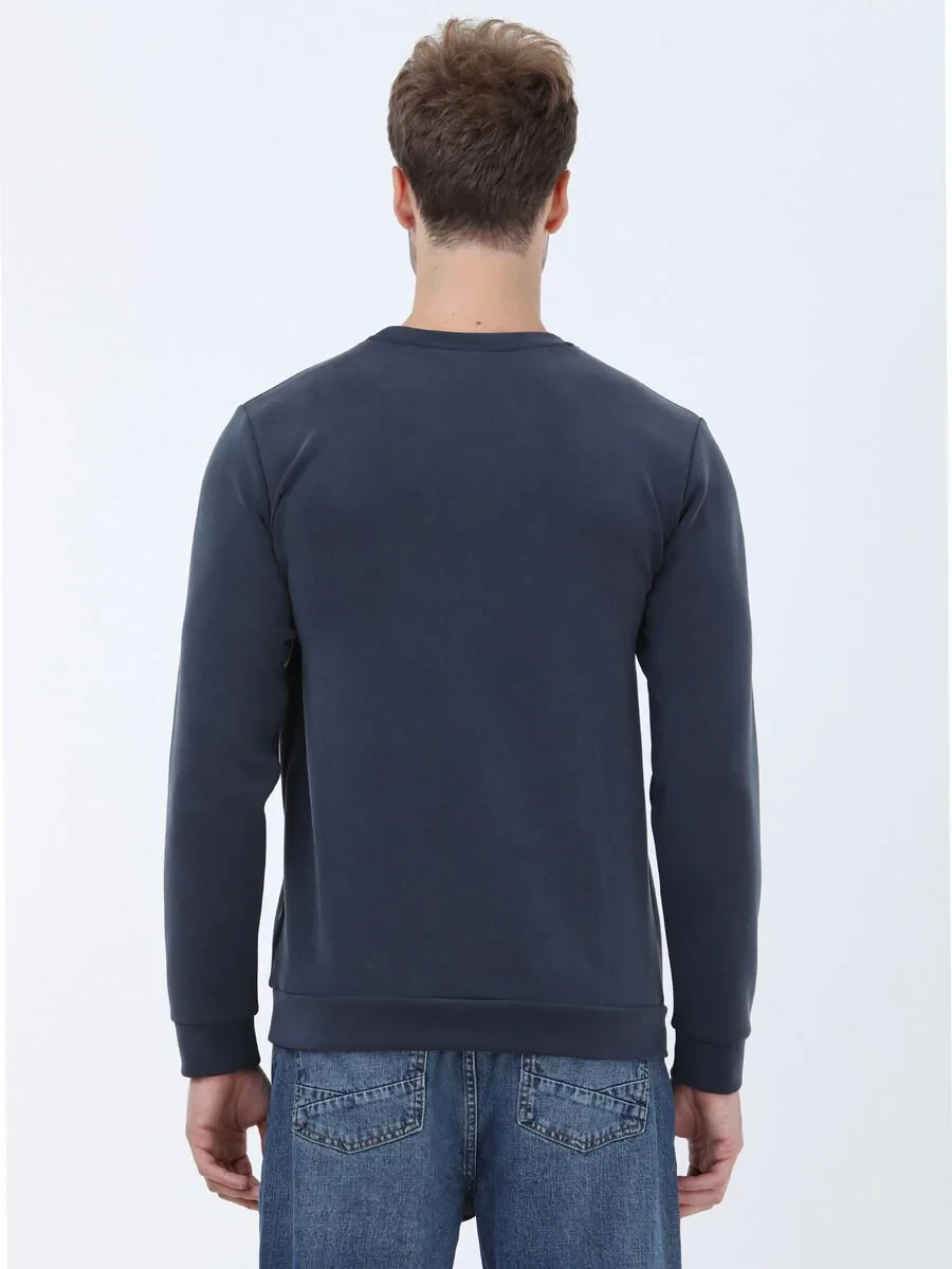 Navy Blue Crew Neck Printed Sweatshirt - 4