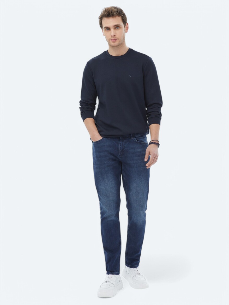 Navy Blue Crew Neck Printed Sweatshirt - 2