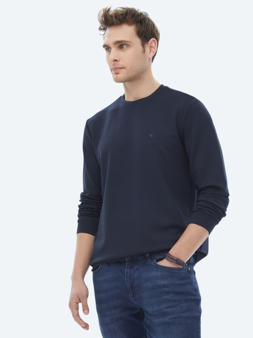 Navy Blue Crew Neck Printed Sweatshirt - 3