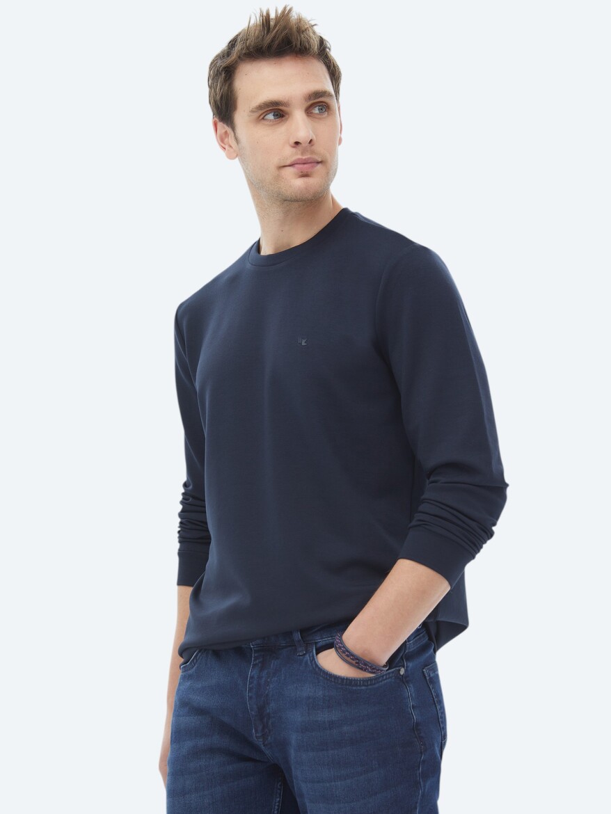 Navy Blue Crew Neck Printed Sweatshirt - 4