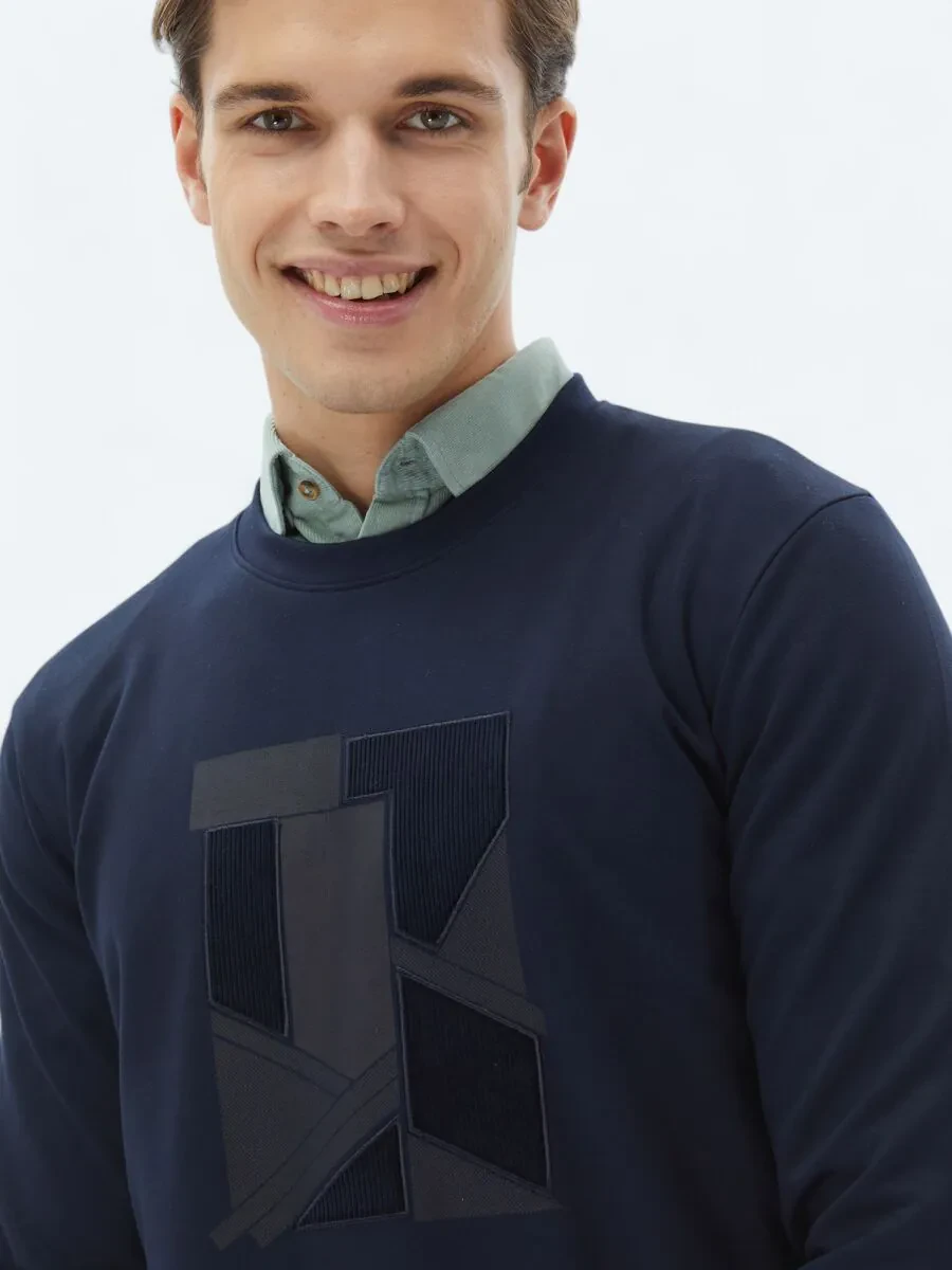 Navy Blue Crew Neck Printed Sweatshirt - 1