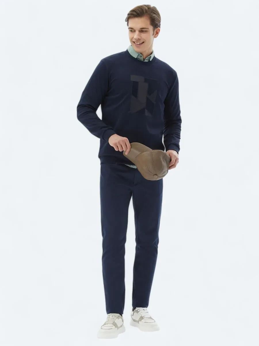 Navy Blue Crew Neck Printed Sweatshirt - 2