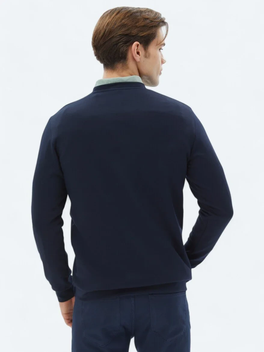 Navy Blue Crew Neck Printed Sweatshirt - 5