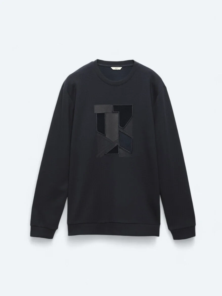 Navy Blue Crew Neck Printed Sweatshirt - 6
