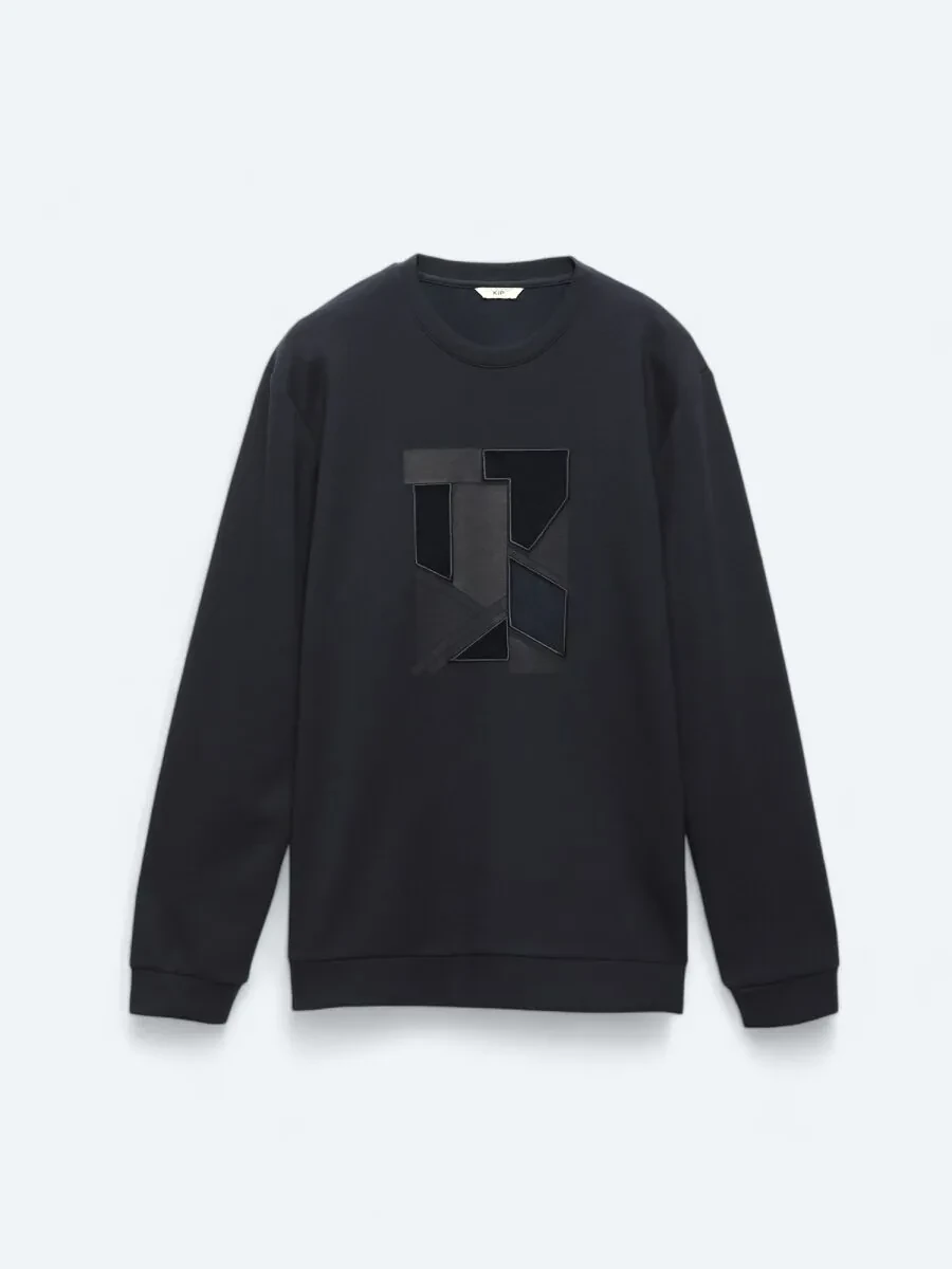Navy Blue Crew Neck Printed Sweatshirt - 6