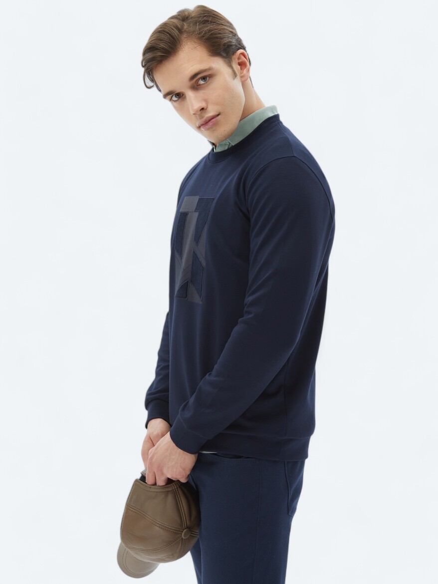 Navy Blue Crew Neck Printed Sweatshirt - 4