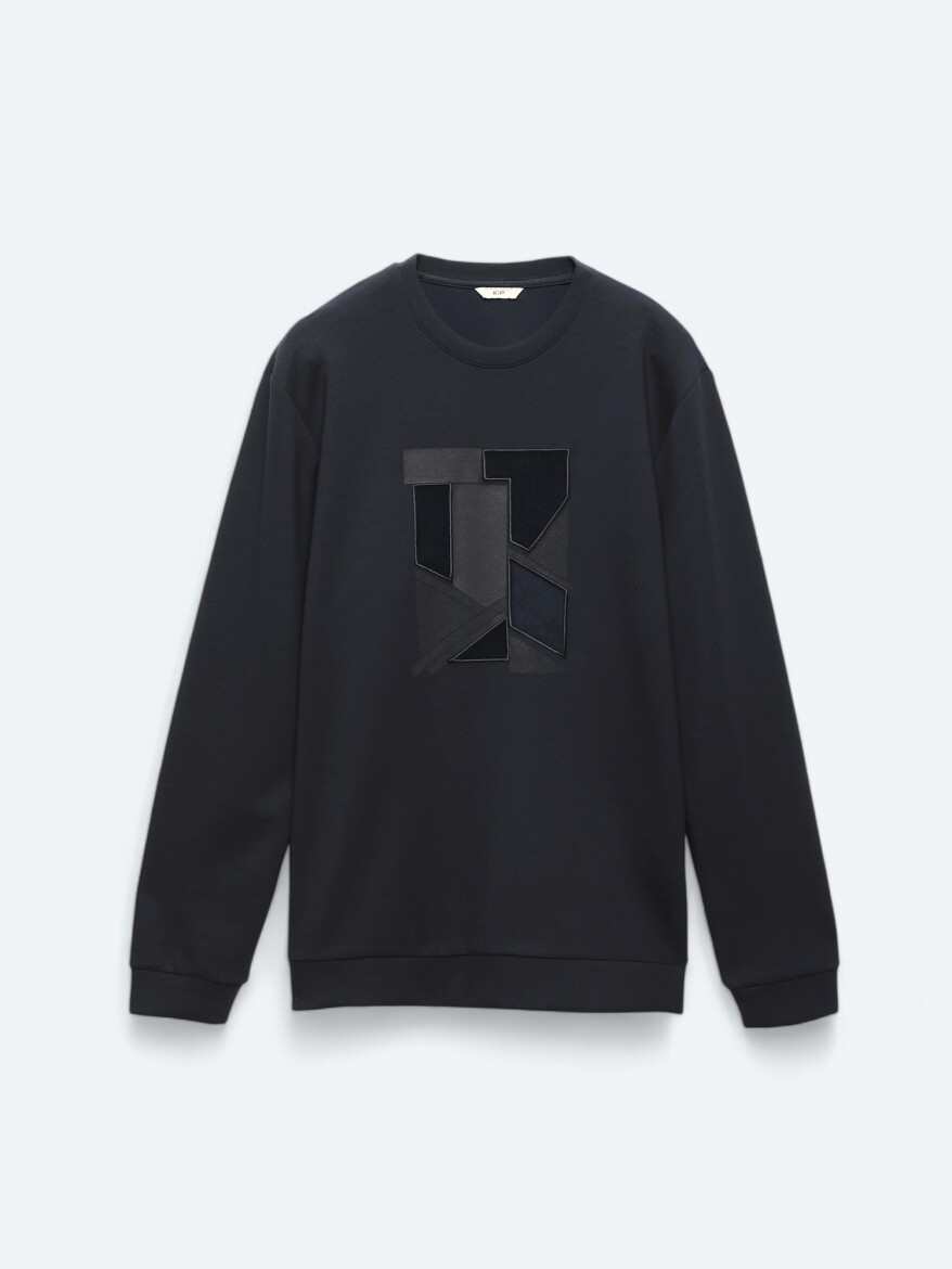 Navy Blue Crew Neck Printed Sweatshirt - 6