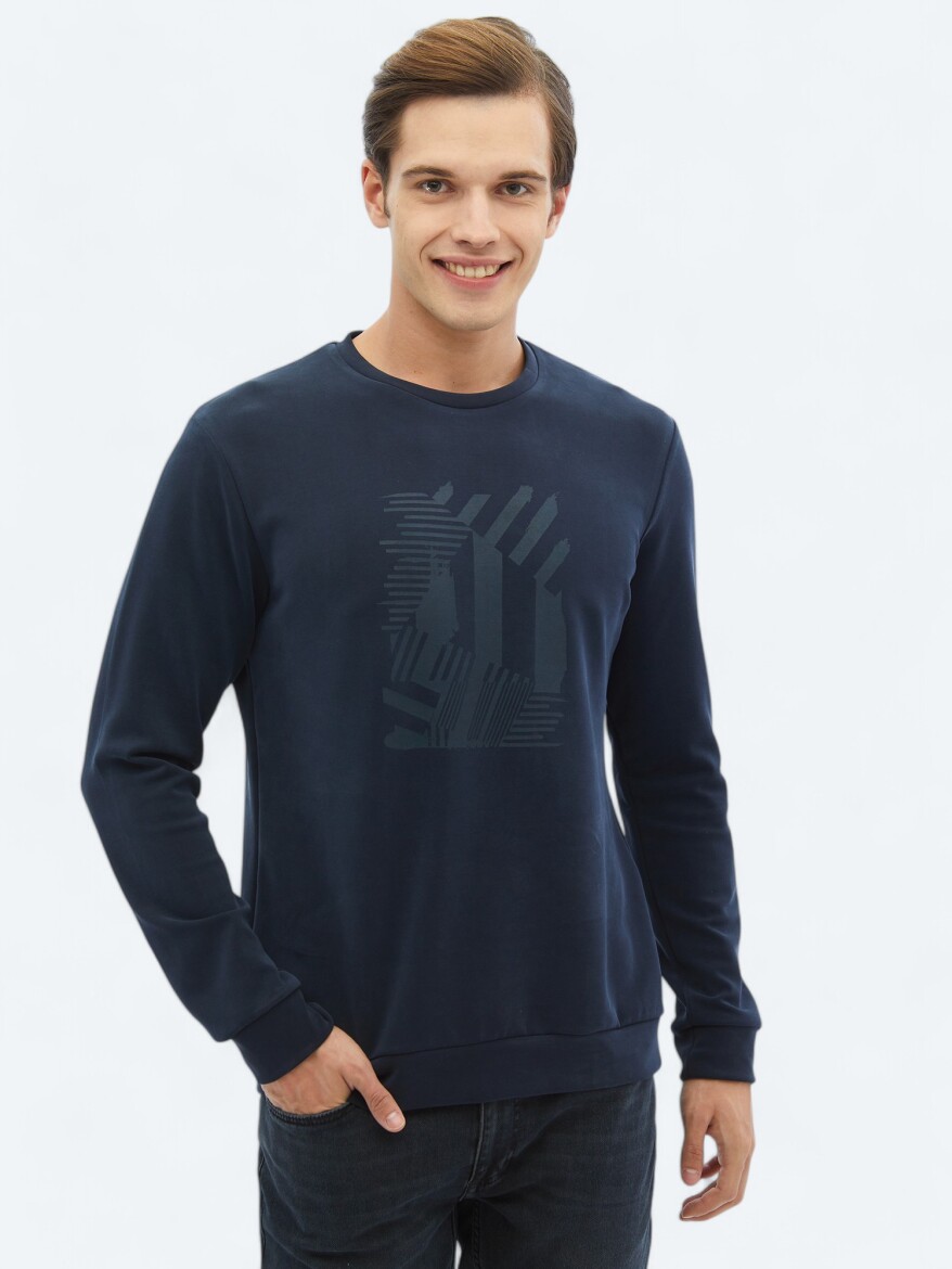 Navy Blue Crew Neck Printed Sweatshirt - 1