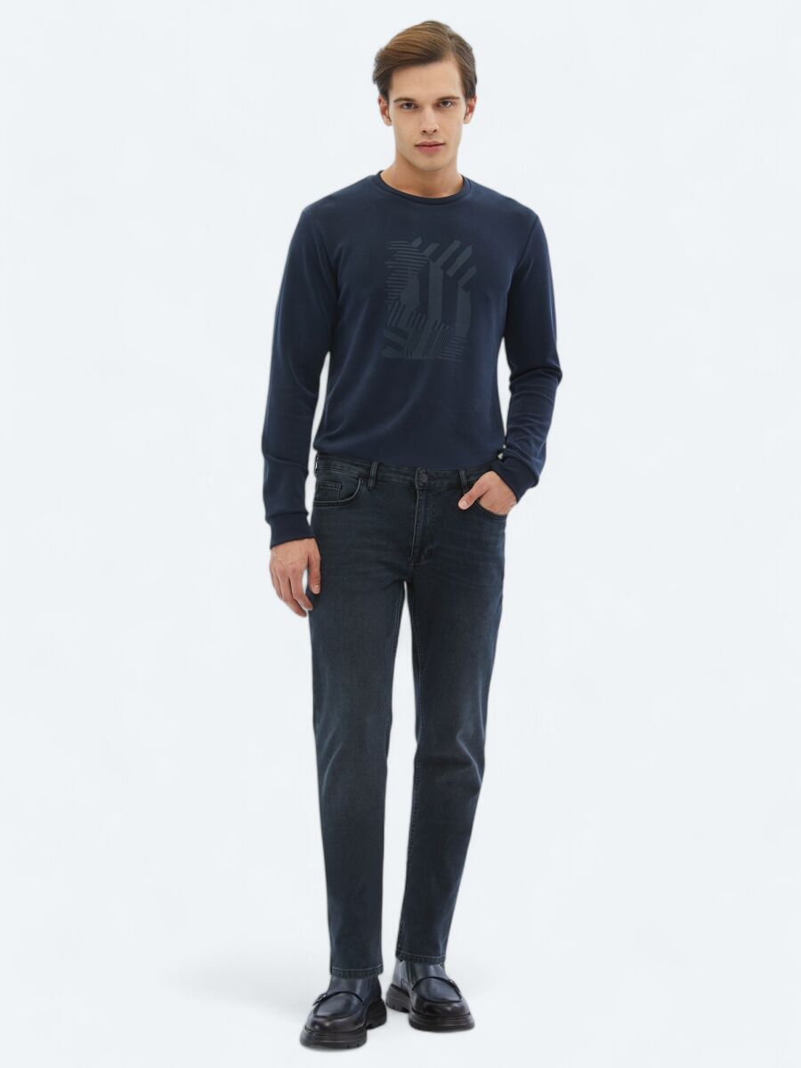 Navy Blue Crew Neck Printed Sweatshirt - 2