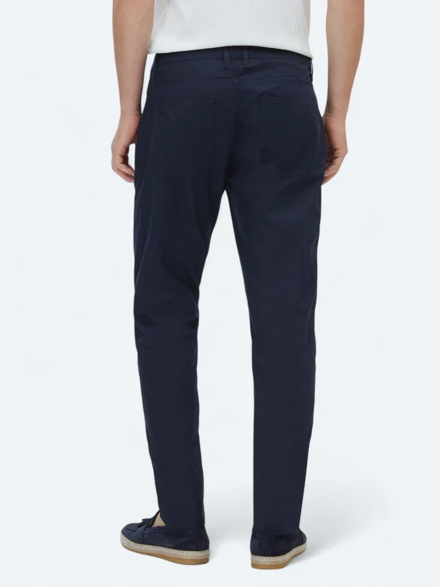 Navy Blue Denim Slim Fit Casual Cotton Blended Trousers 
