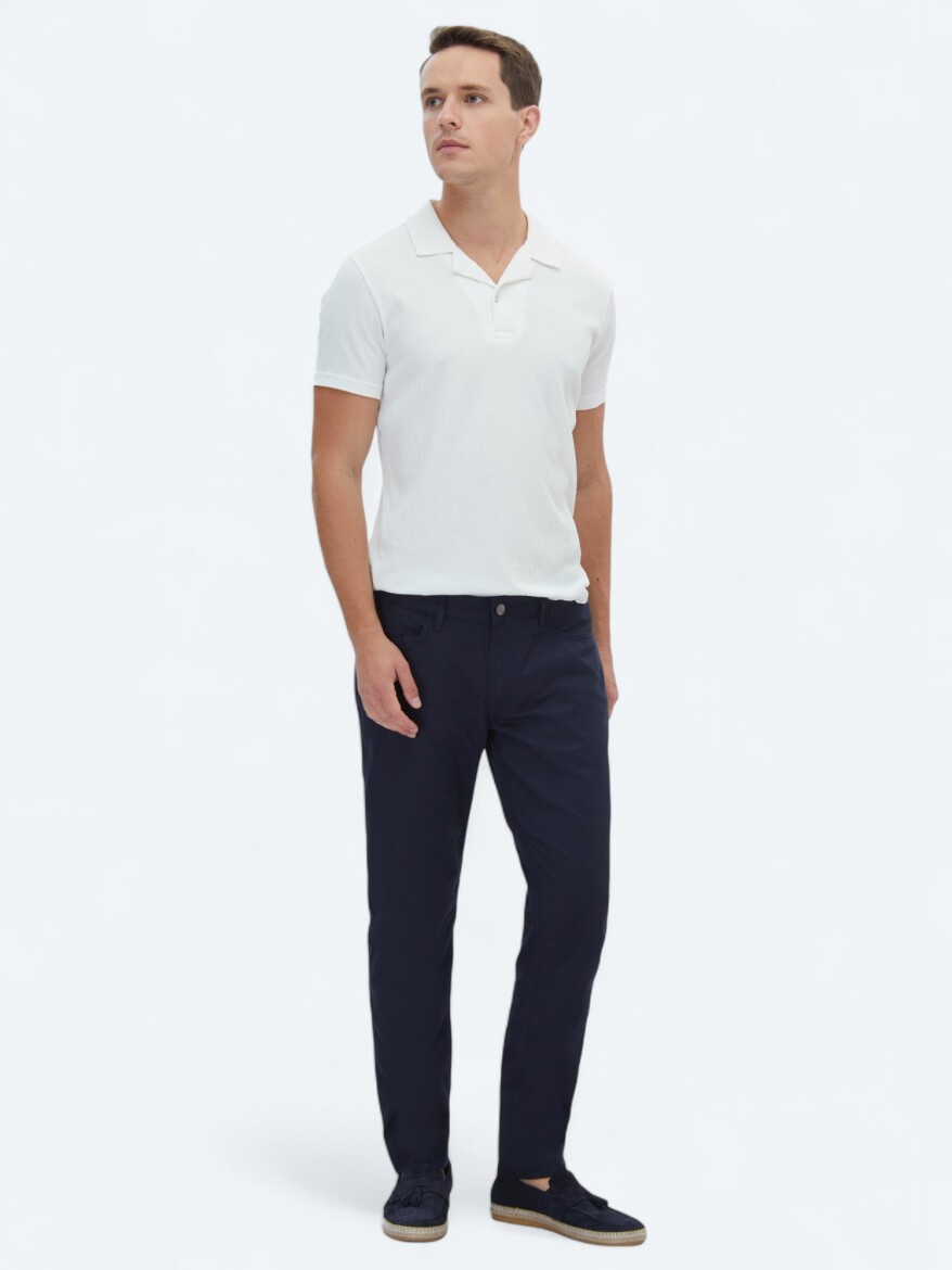 Navy Blue Denim Slim Fit Casual Cotton Blended Trousers 